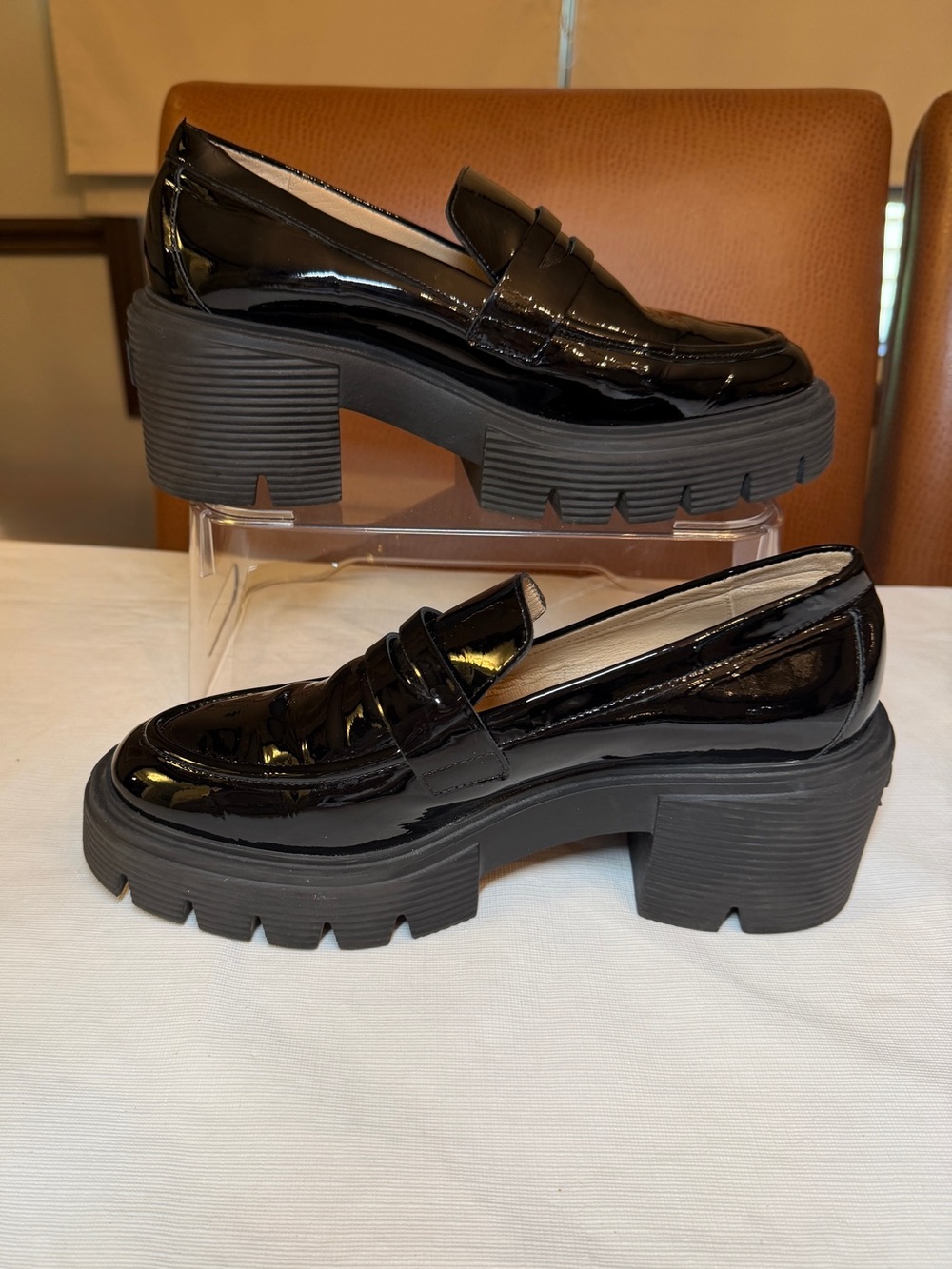 * Stuart Weitzman Soho Black Patent Leather Platform Loafers - Size 6.5 C